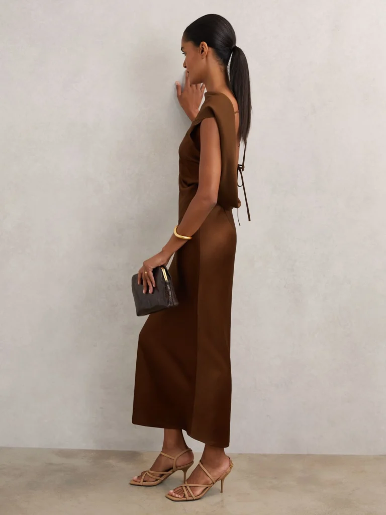 Reiss Dark Brown Petite Satin Draped Open-Back Dress