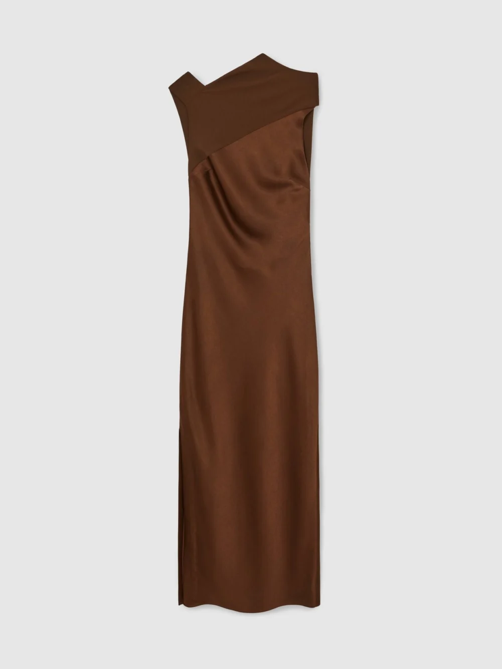 Reiss Dark Brown Petite Satin Draped Open-Back Dress, view 2