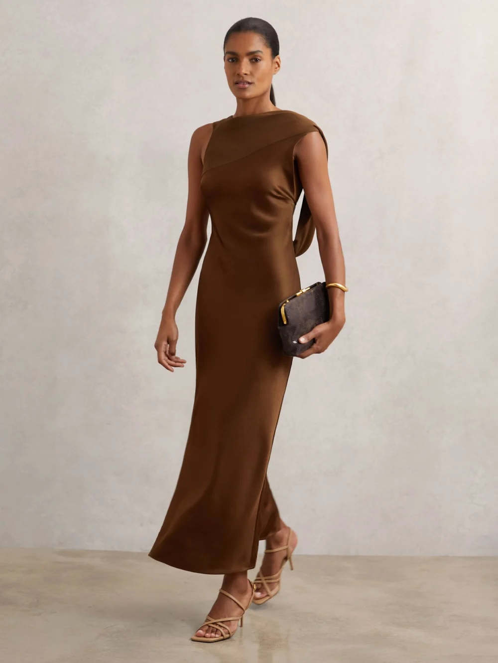 Reiss Dark Brown Petite Satin Draped Open-Back Dress, view 3