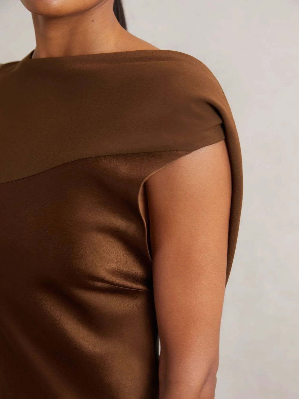 Reiss Dark Brown Petite Satin Draped Open-Back Dress, view 4