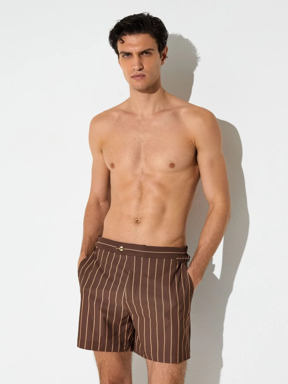 Reiss Dark Brown Pinstripe Side-adjuster Swim Shorts, view 3