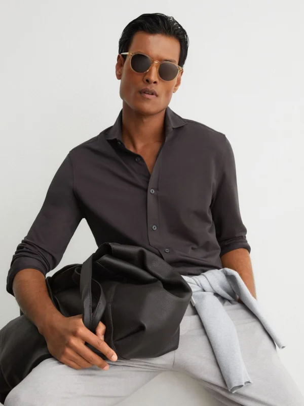 Reiss Dark Brown R-flex Cotton-blend Stretch Jersey Shirt Slim-fit