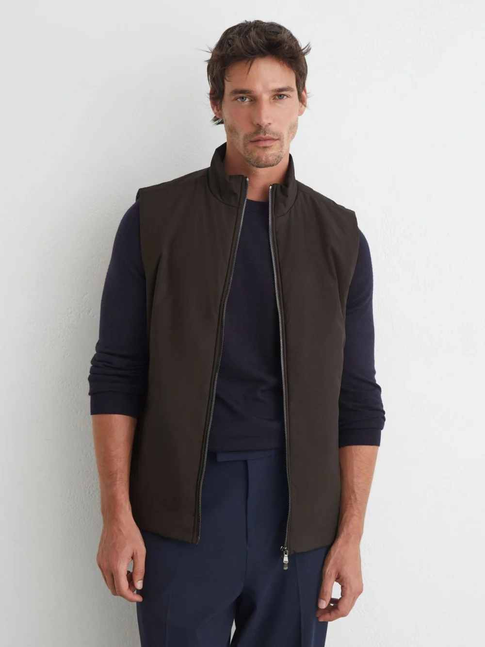 Reiss Dark Brown Technical Padded Zip-through Gilet