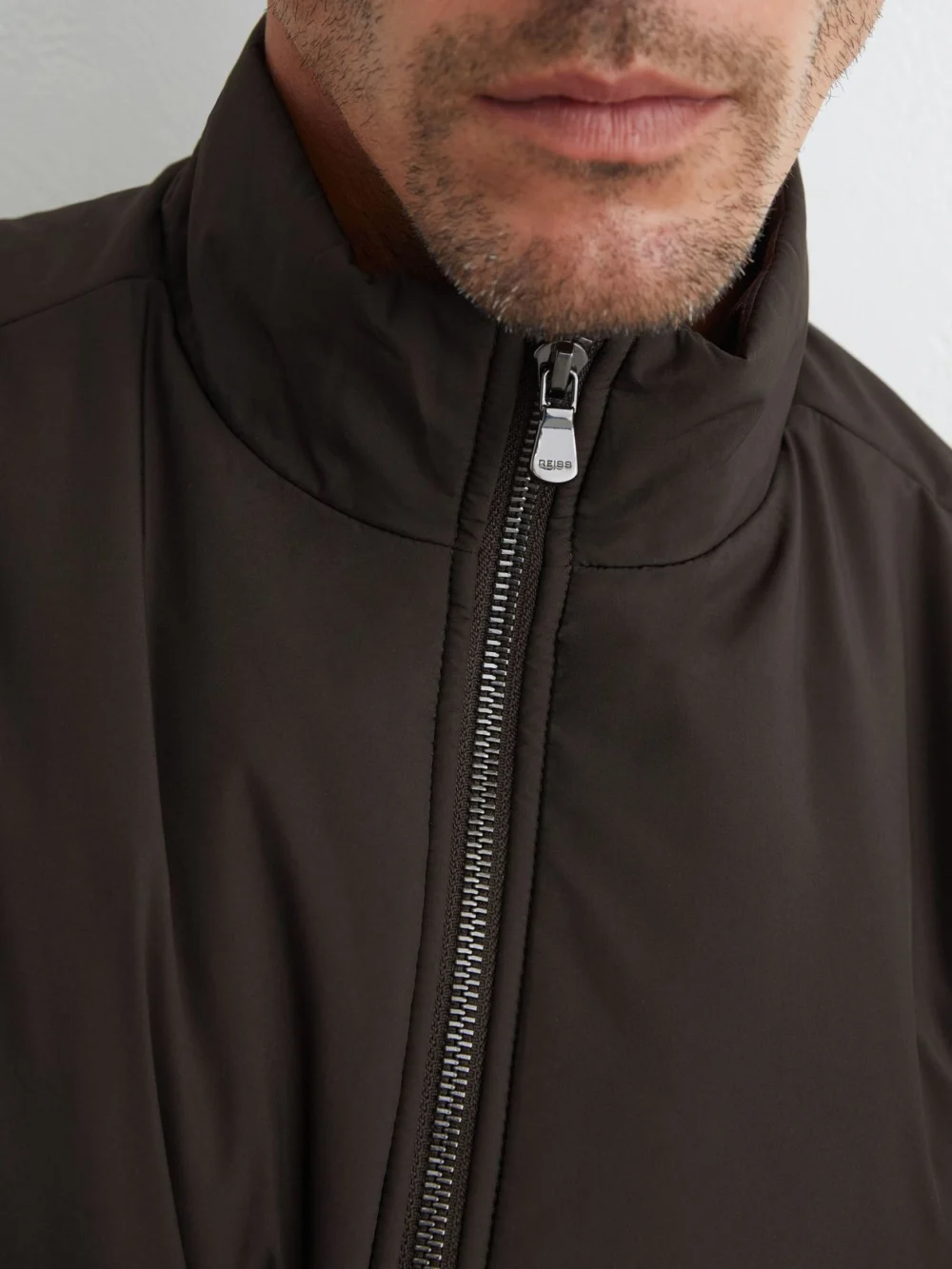 Reiss Dark Brown Technical Padded Zip-through Gilet, view 3