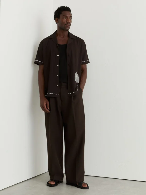 Reiss Dark Brown Textured Motif-print Cuban-collar Shirt