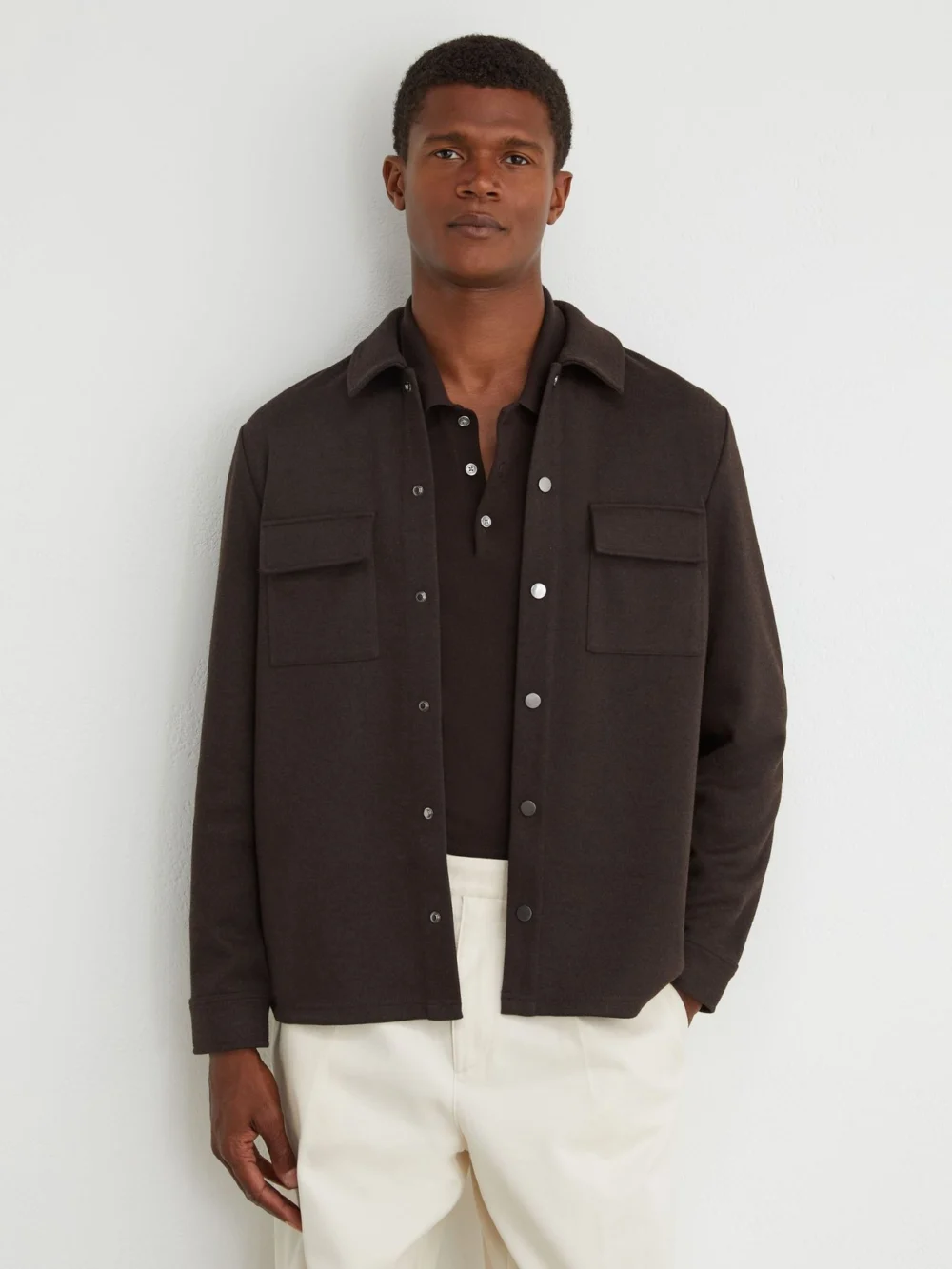 Reiss Dark Brown Twin-pocket Press-stud Overshirt, view 3
