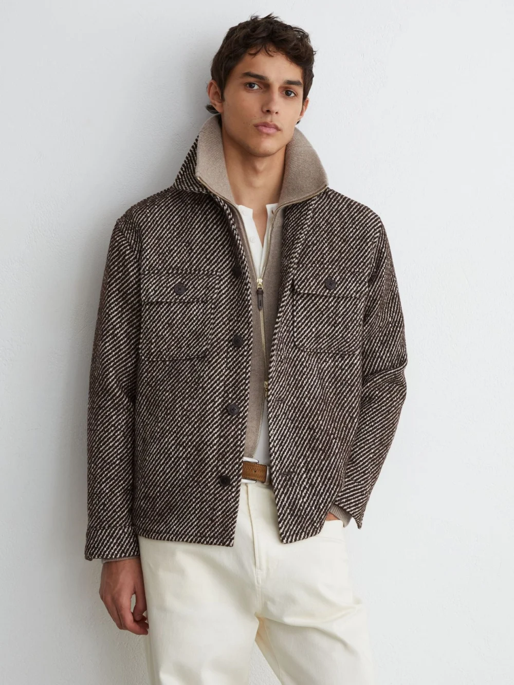 Reiss Dark Brown Wool-blend Brushed Twill Overshirt