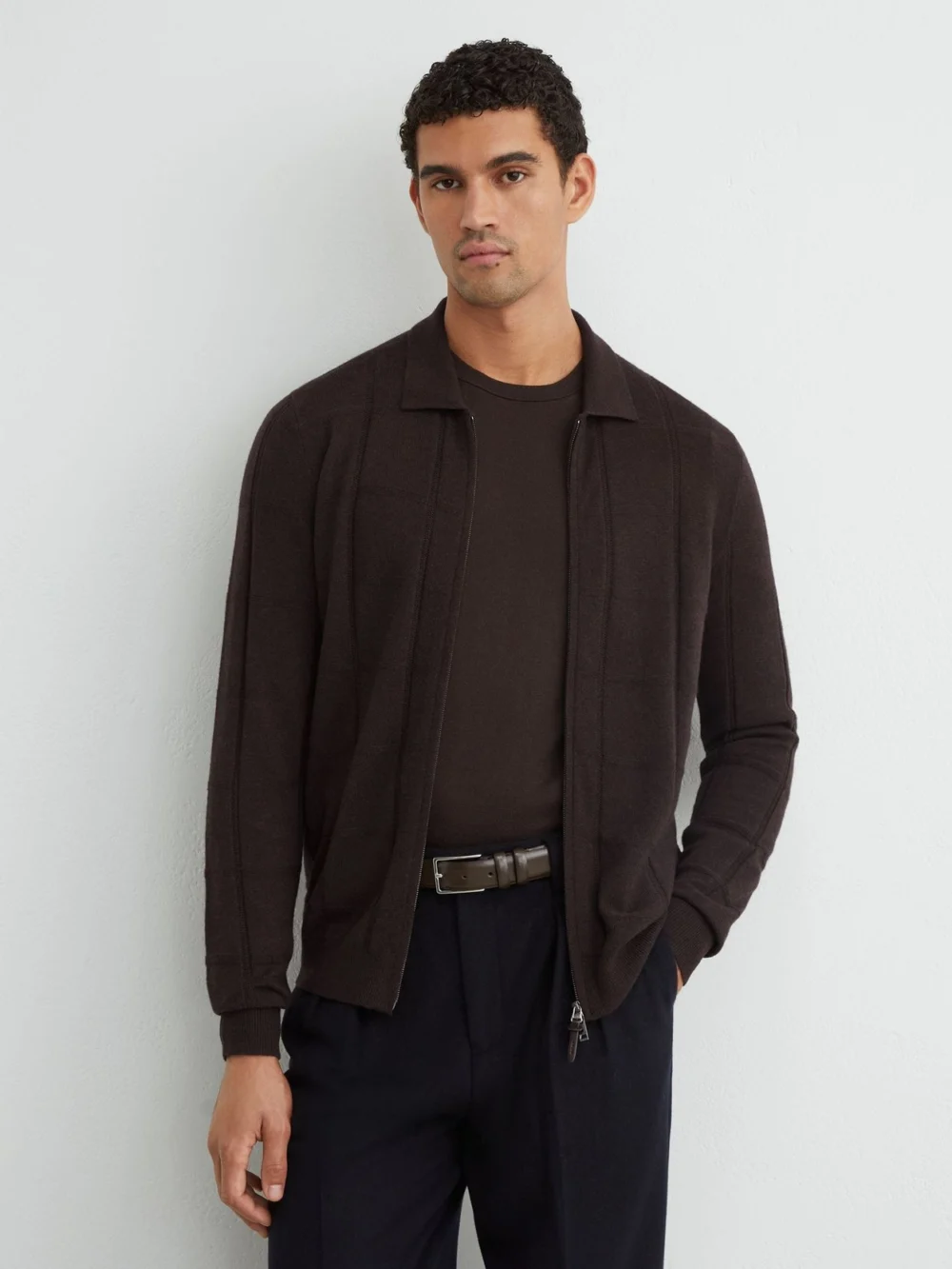 Reiss Dark Brown Wool Check-textured Zip-through Cardigan
