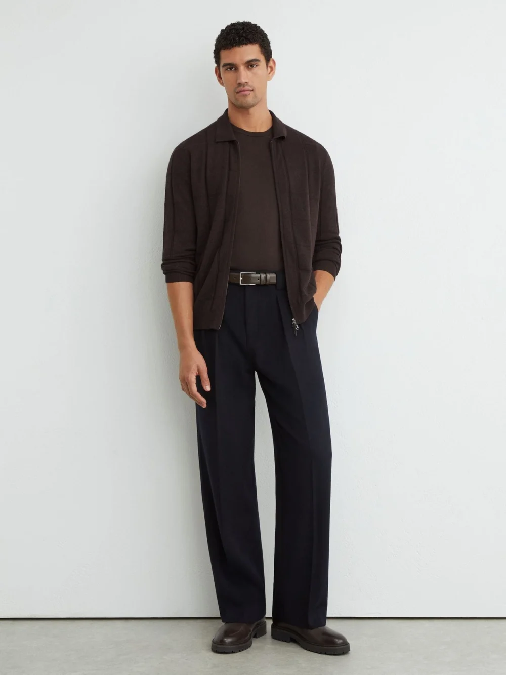 Reiss Dark Brown Wool Check-textured Zip-through Cardigan, view 4