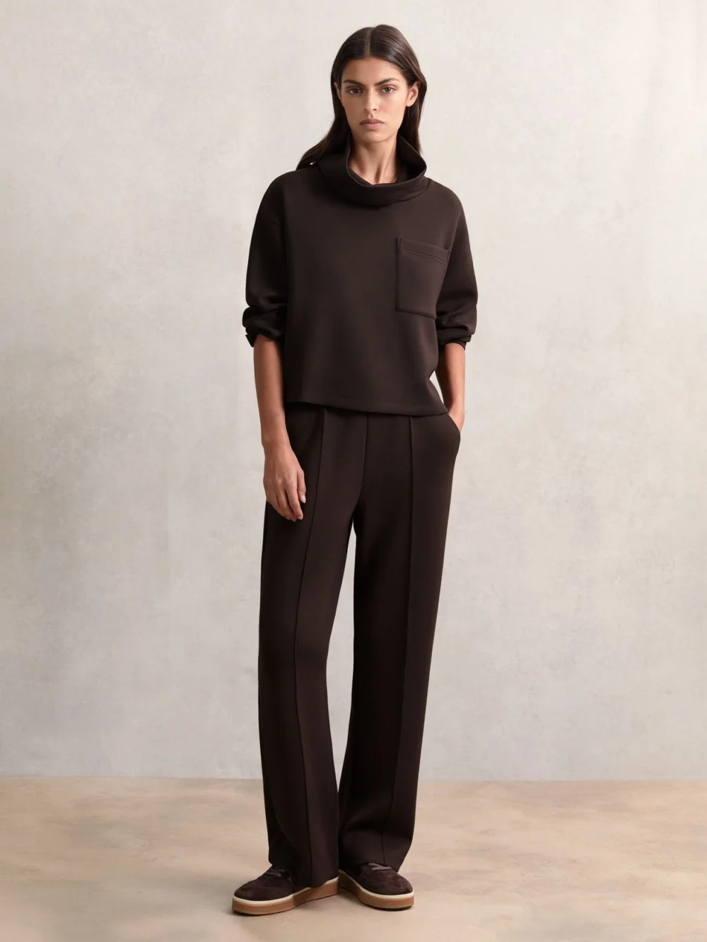 Reiss Dark Chocolate Brown Premium Interlock Wide-leg Joggers