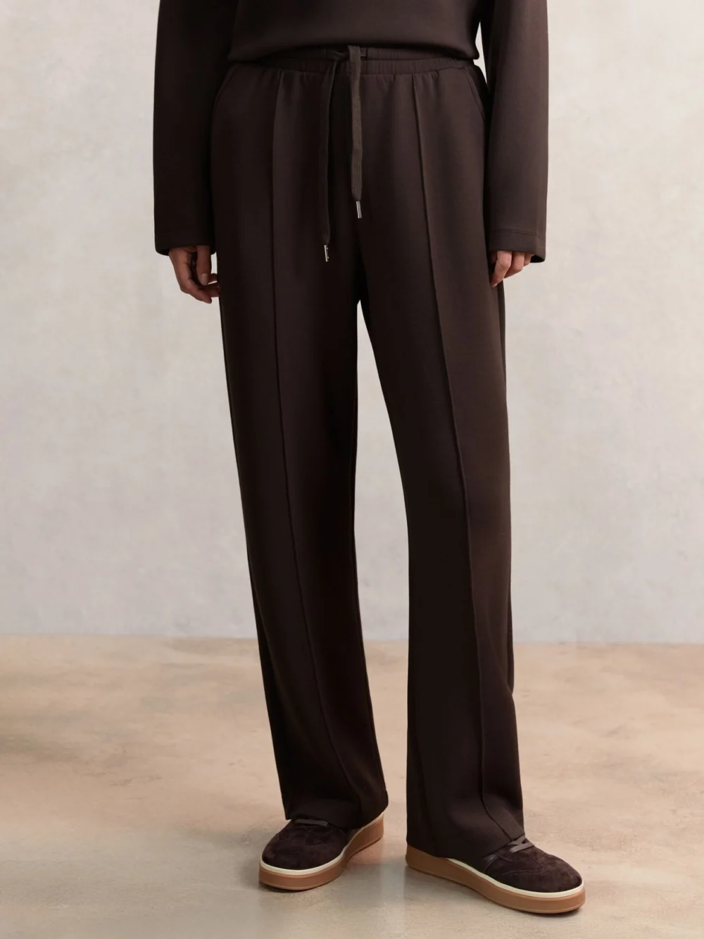 Reiss Dark Chocolate Brown Premium Interlock Wide-leg Joggers, view 3