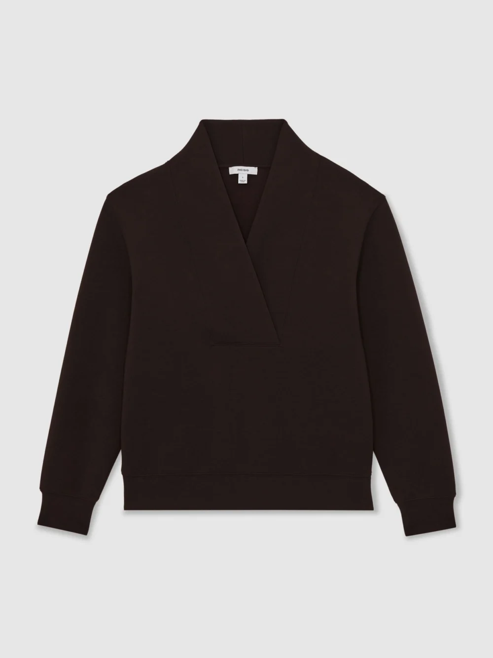 Reiss Dark Chocolate Premium Interlock Shawl-neck Sweatshirt with , view 2