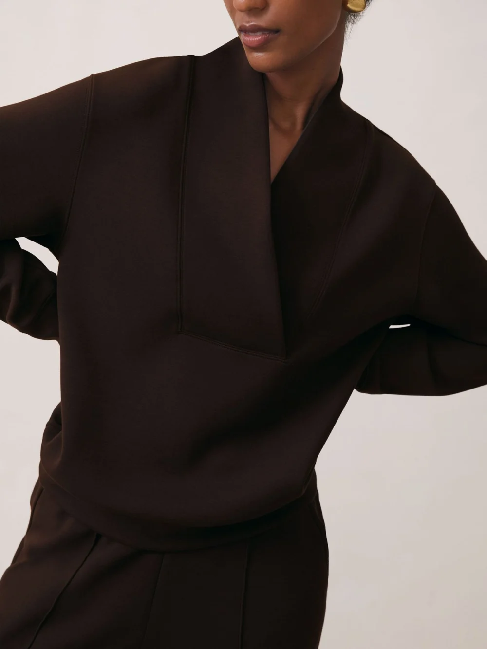 Reiss Dark Chocolate Premium Interlock Shawl-neck Sweatshirt with , view 3