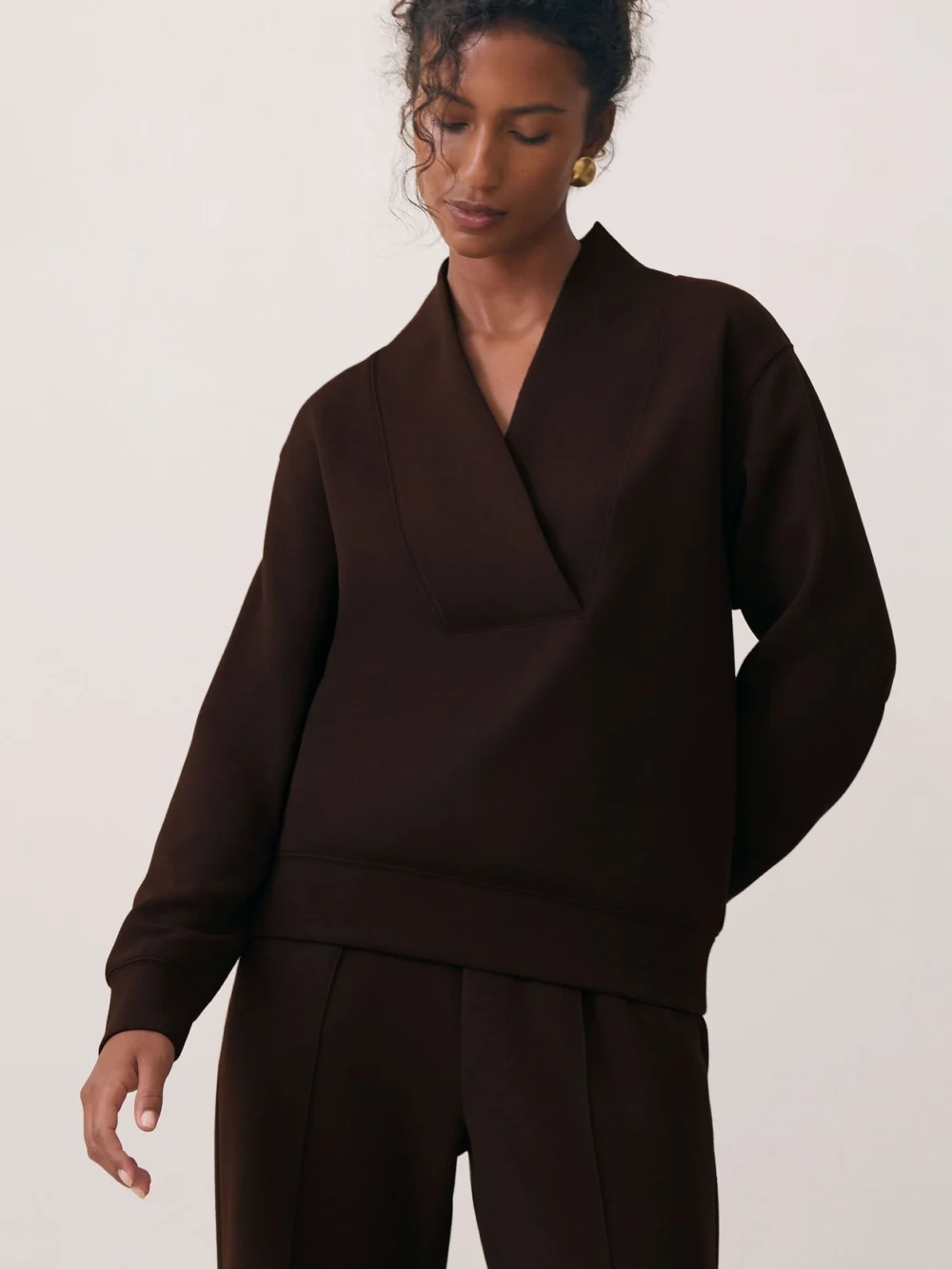 Reiss Dark Chocolate Premium Interlock Shawl-neck Sweatshirt with , view 4