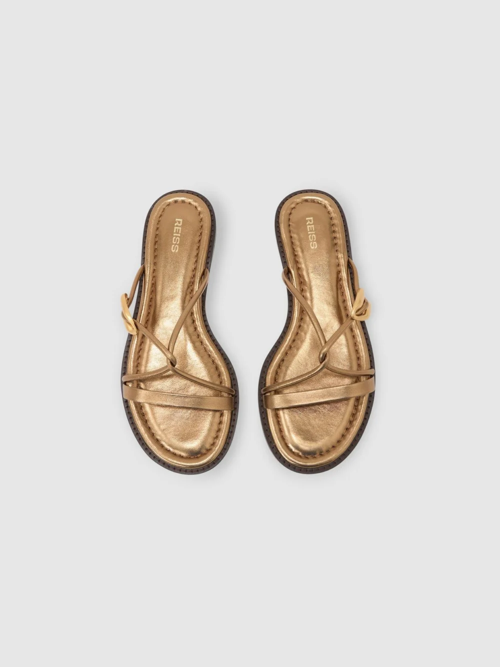 Reiss Dark Gold Leather Twist-strap Flat Sandals, view 3