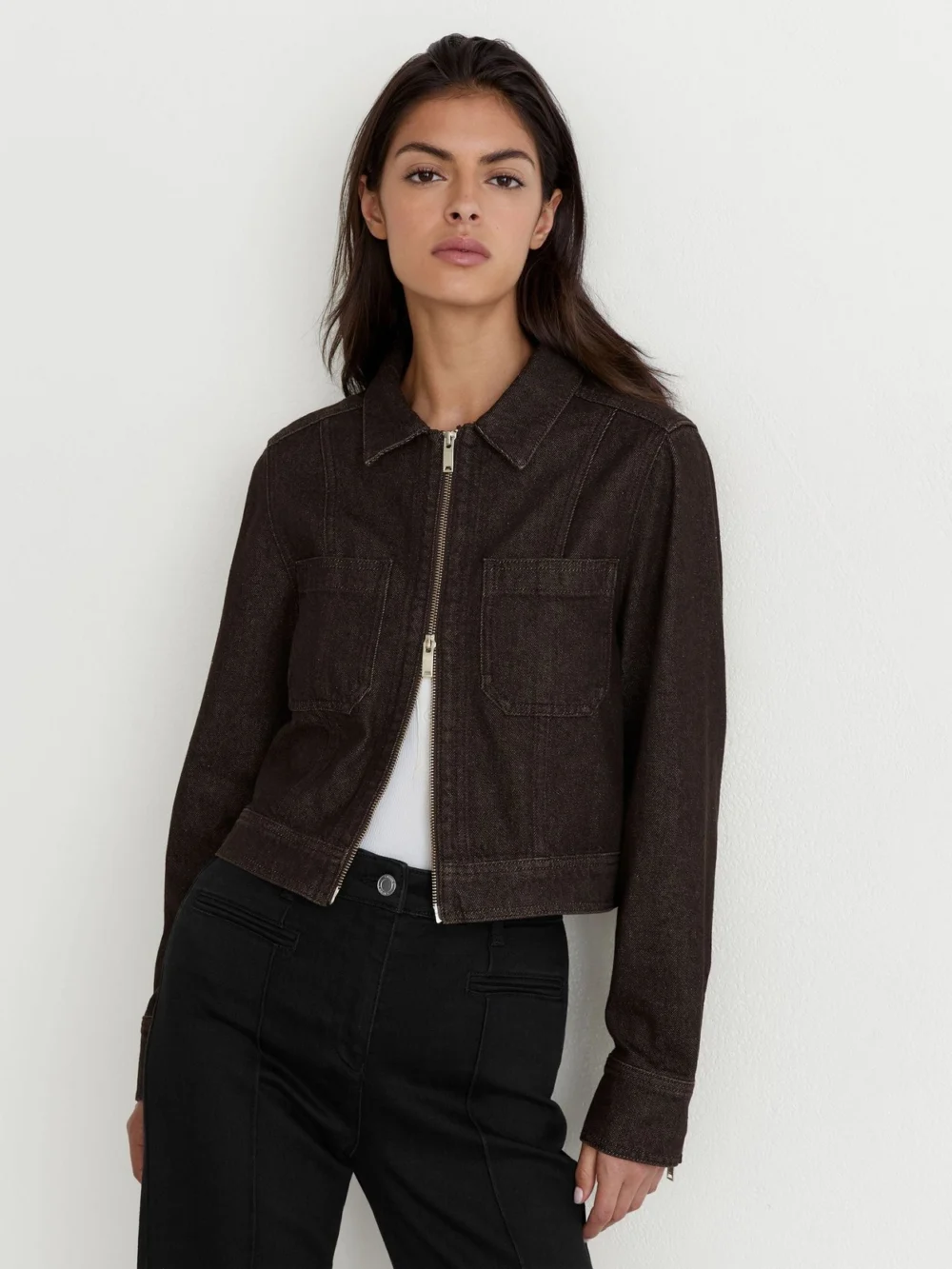 Reiss Dark Grape Cropped Zip-through Denim Jacket