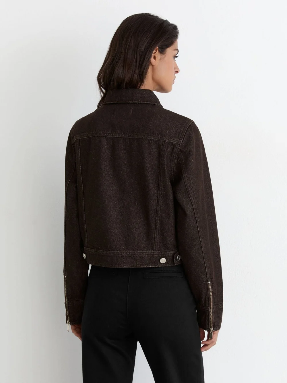 Reiss Dark Grape Cropped Zip-through Denim Jacket, view 4