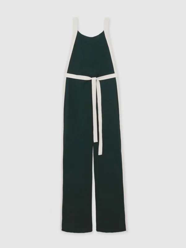 Reiss Dark Green & Cream Colourblock Wide Leg Belted Jumpsuit