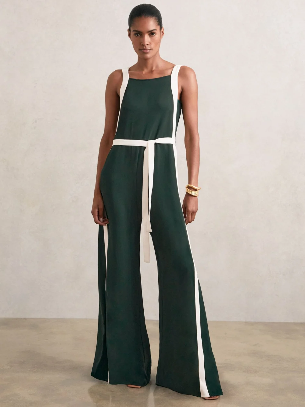 Reiss Dark Green & Cream Colourblock Wide Leg Belted Jumpsuit, view 2