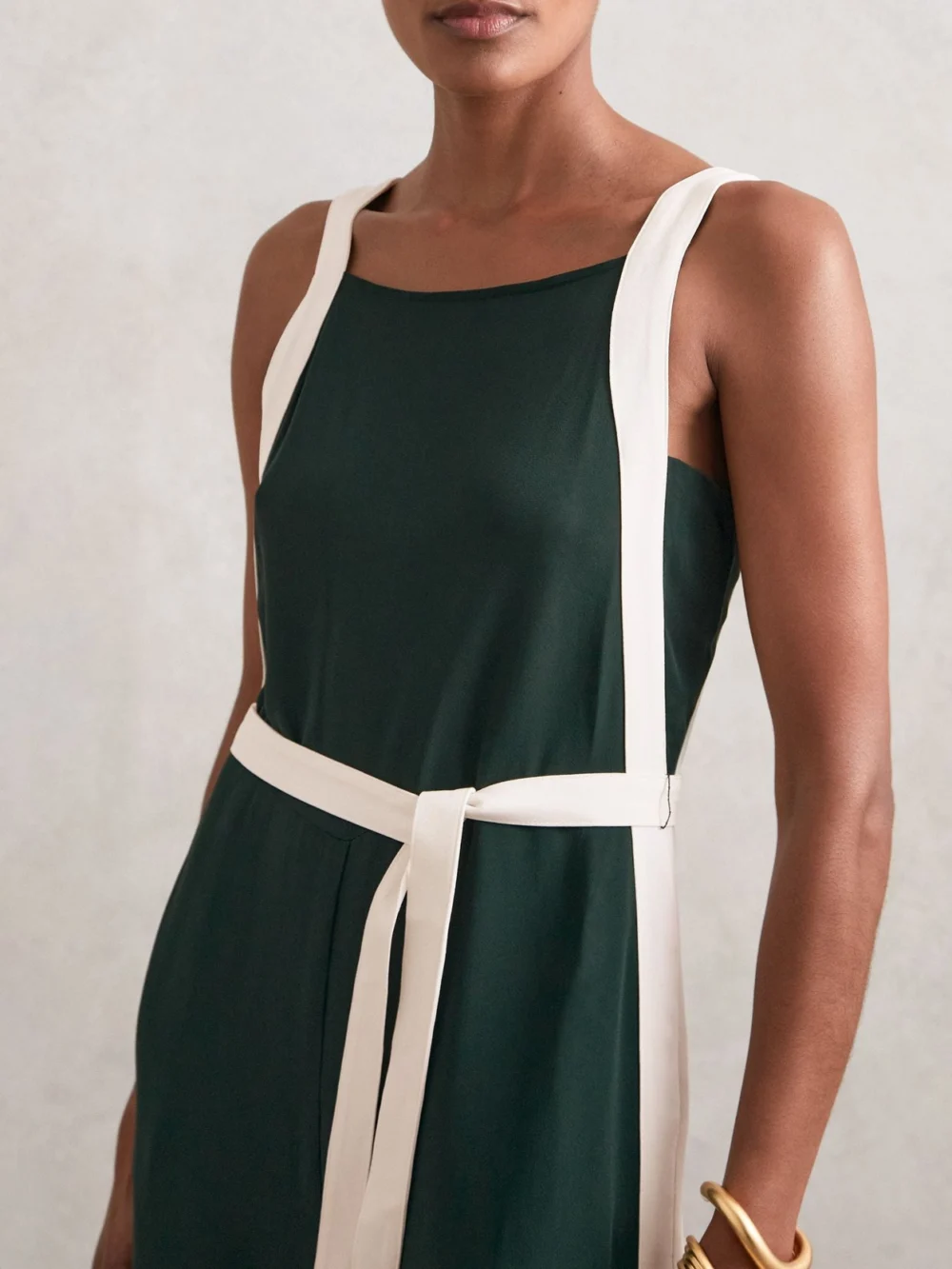 Reiss Dark Green & Cream Colourblock Wide Leg Belted Jumpsuit, view 3