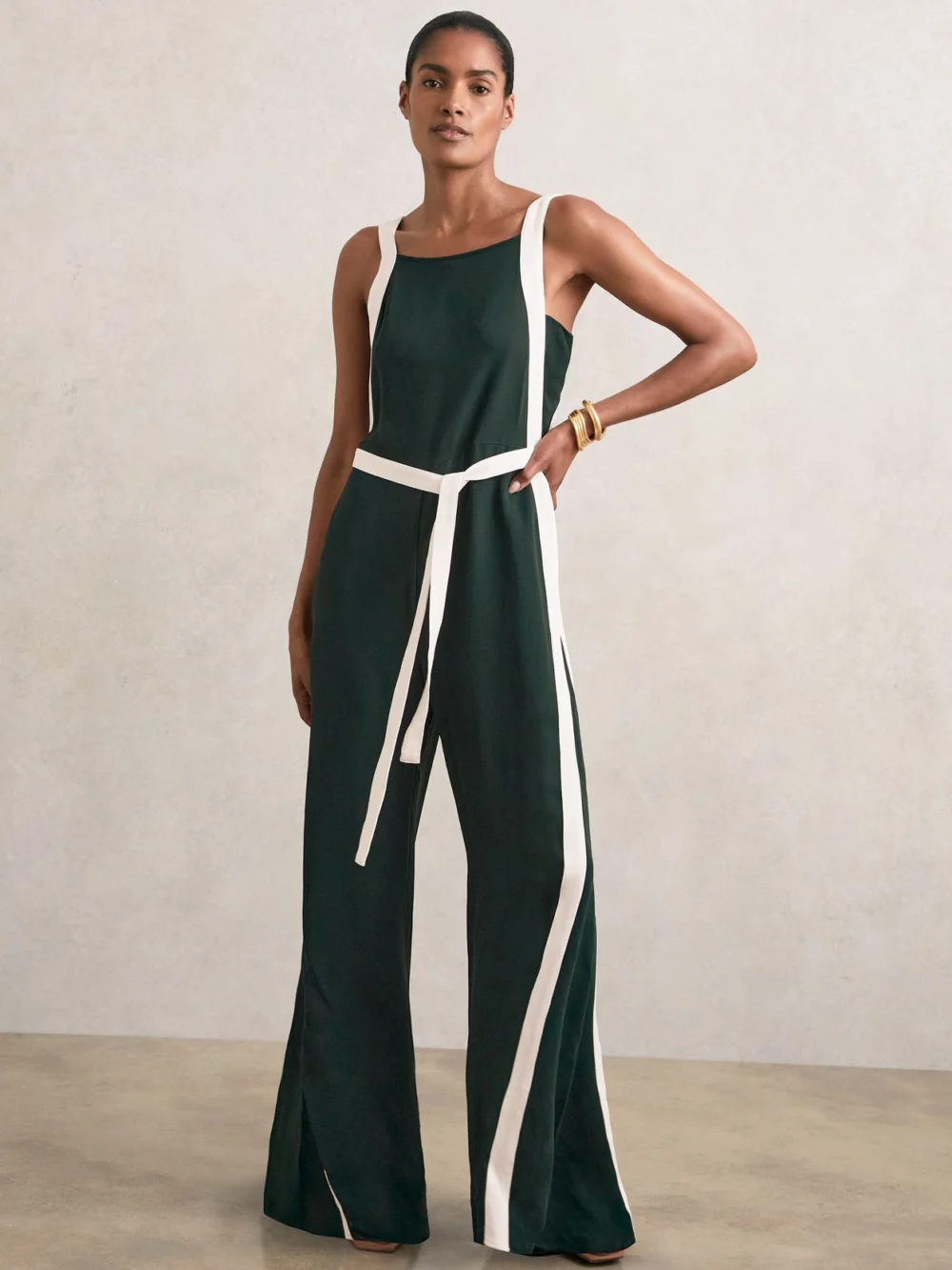 Reiss Dark Green & Cream Colourblock Wide Leg Belted Jumpsuit, view 4