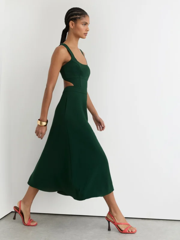 Reiss Dark Green Cut-Out Twill Midi Dress