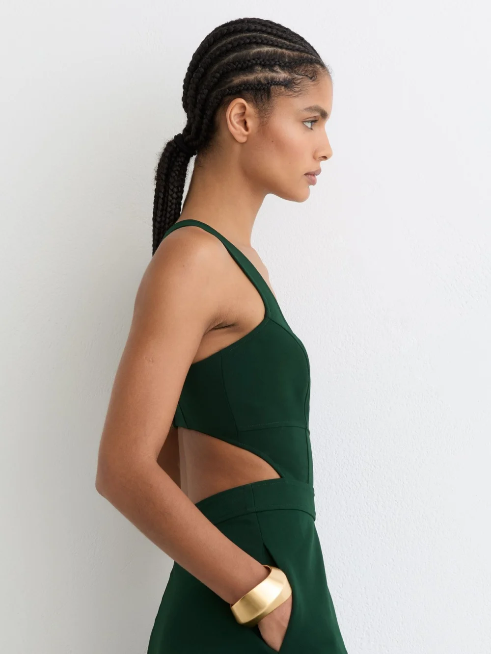 Reiss Dark Green Cut-Out Twill Midi Dress, view 3