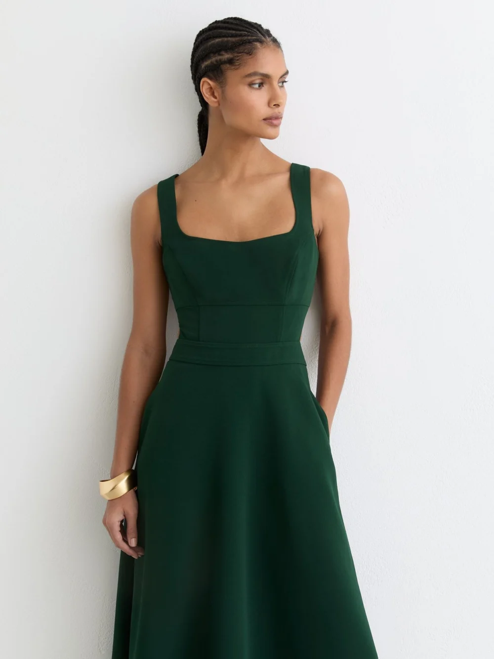 Reiss Dark Green Cut-Out Twill Midi Dress, view 4