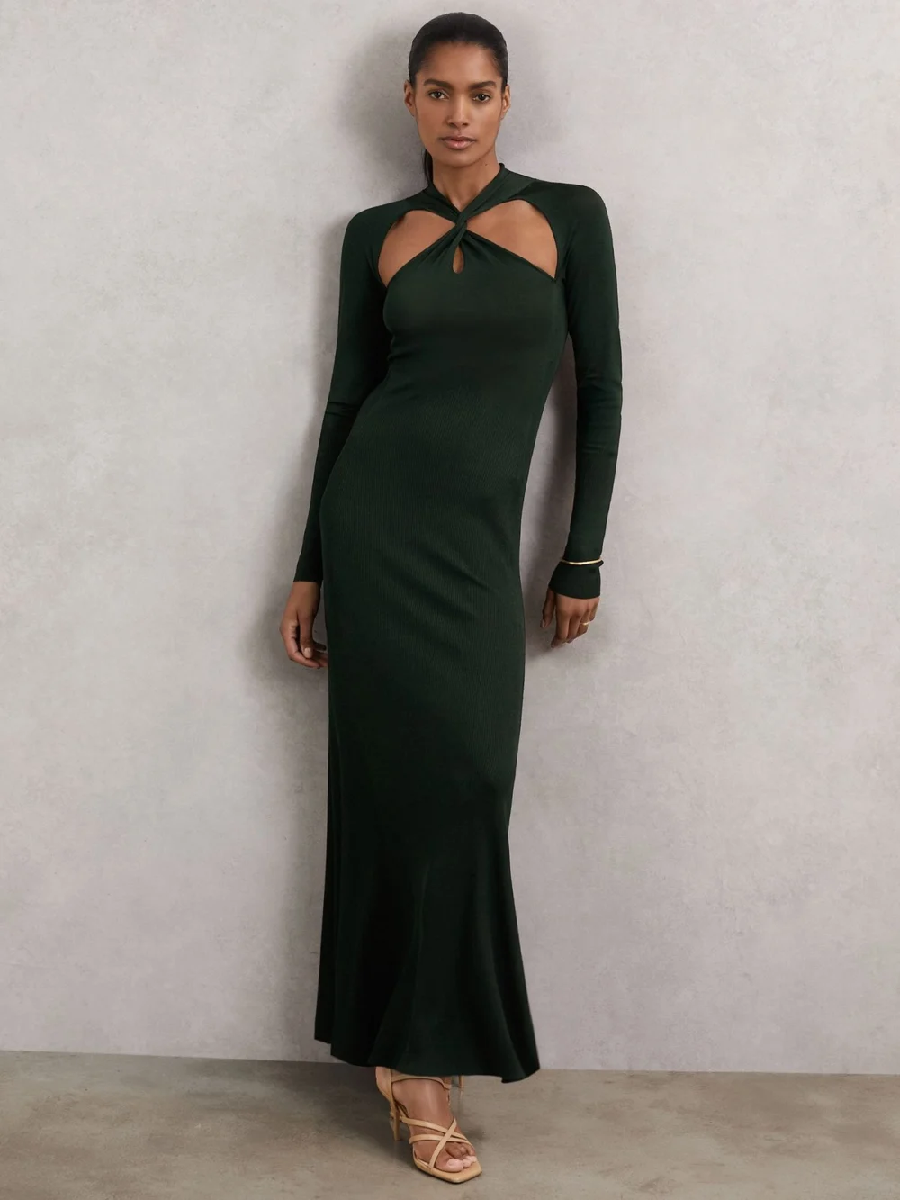 Reiss Dark Green Knitted Petite Cut-Out Maxi Dress