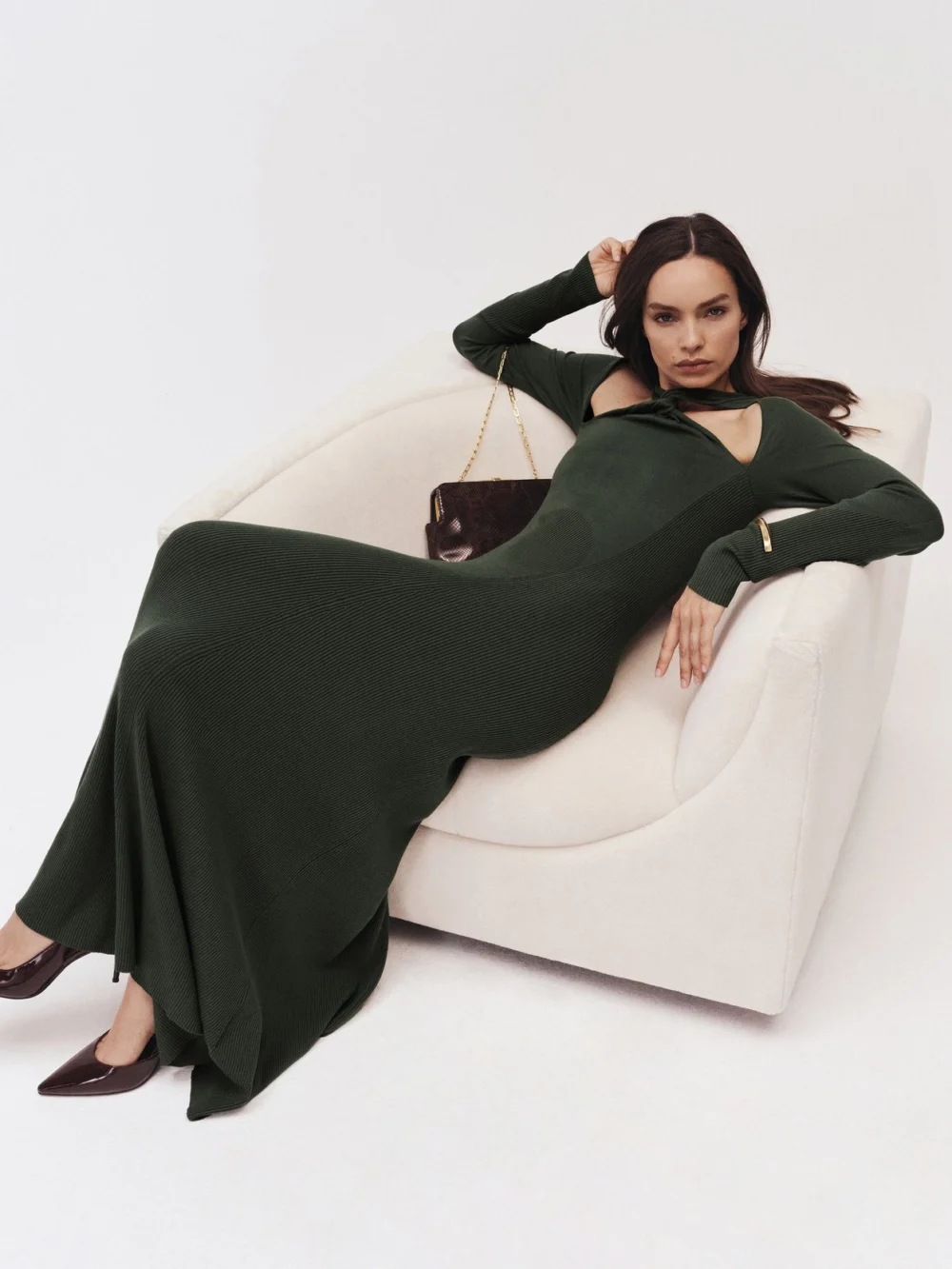 Reiss Dark Green Knitted Petite Cut-Out Maxi Dress, view 5