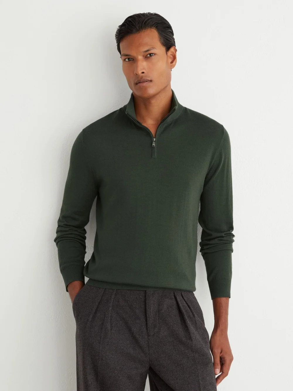 Reiss Dark Green Merino Wool Half-zip Jumper, view 4