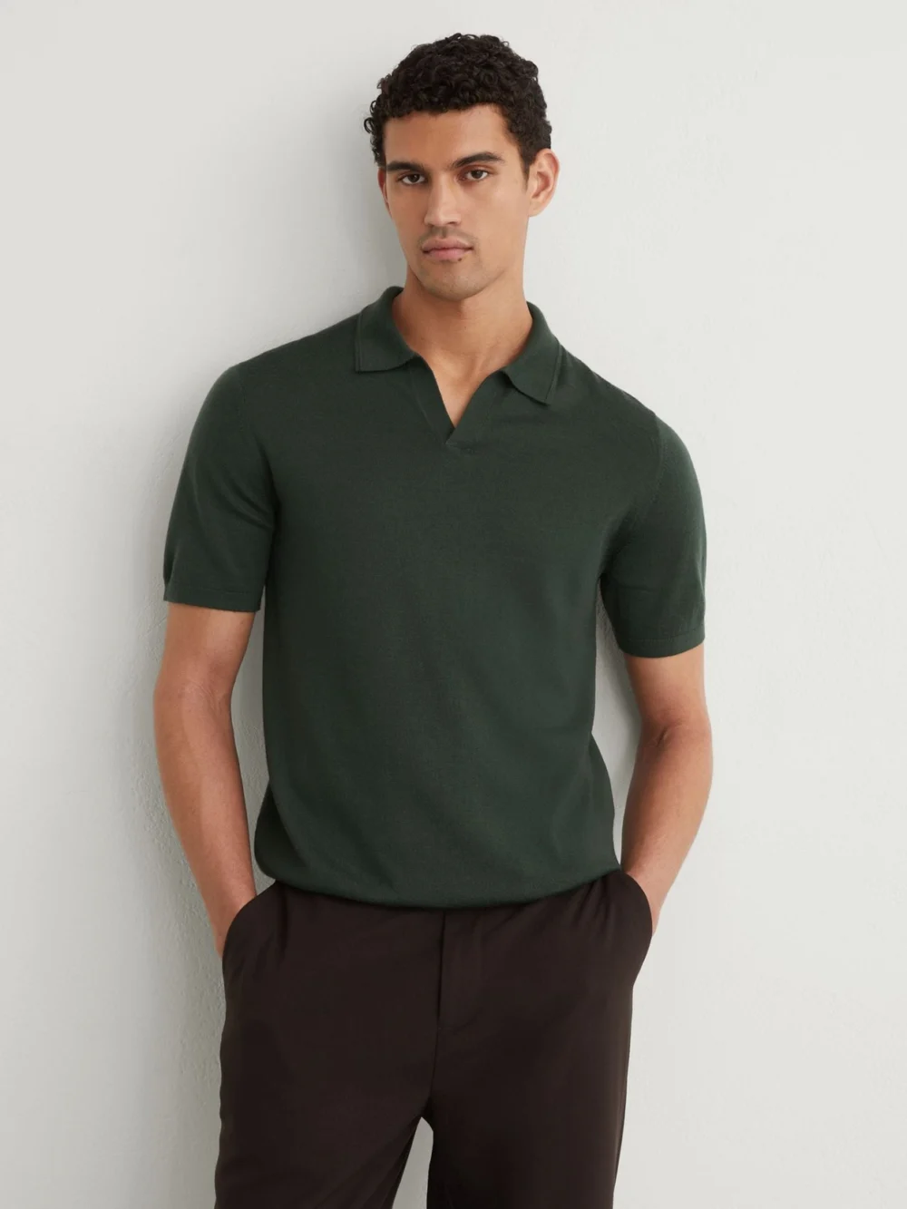 Reiss Dark Green Merino Wool Open-collar Polo Shirt