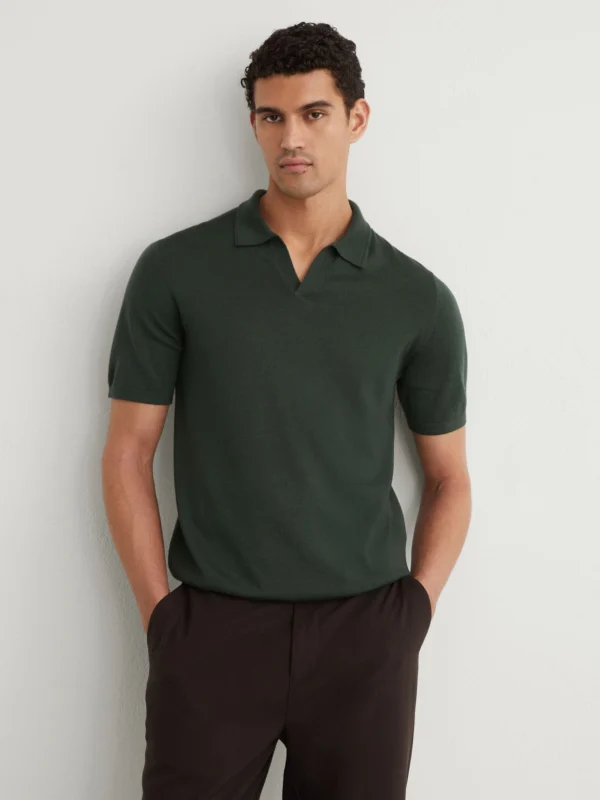 Reiss Dark Green Merino Wool Open-collar Polo Shirt