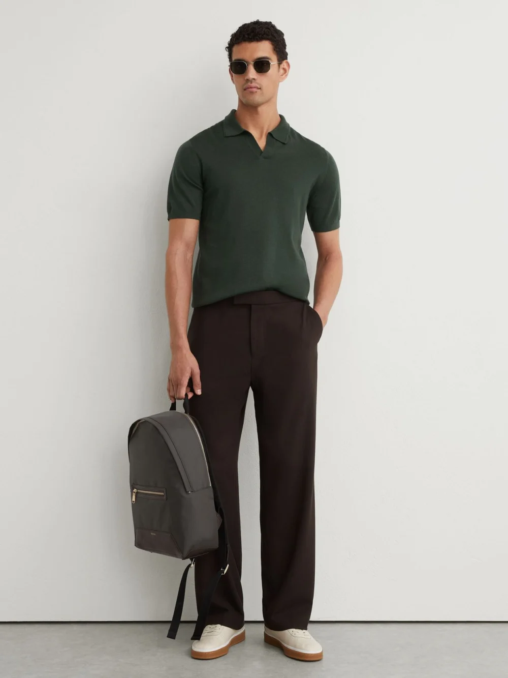 Reiss Dark Green Merino Wool Open-collar Polo Shirt, view 4