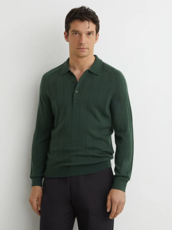 Reiss Dark Green Merino Wool Wide-rib Polo Jumper