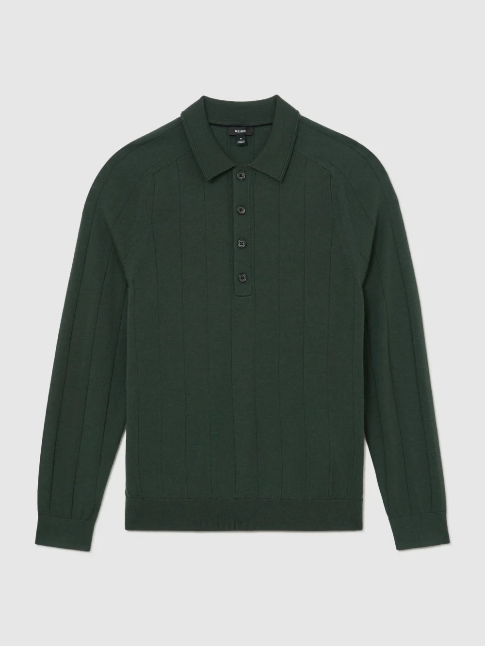 Reiss Dark Green Merino Wool Wide-rib Polo Jumper, view 2