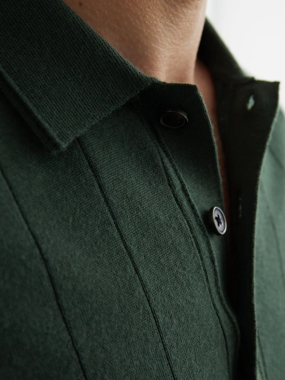 Reiss Dark Green Merino Wool Wide-rib Polo Jumper, view 3