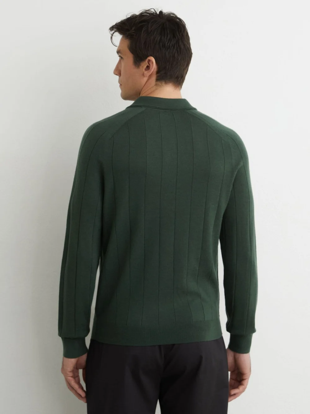 Reiss Dark Green Merino Wool Wide-rib Polo Jumper, view 4