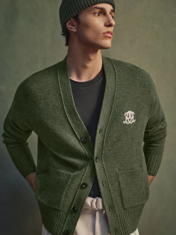 Reiss Dark Green Monogram Embroidered Relaxed Wool Cardigan