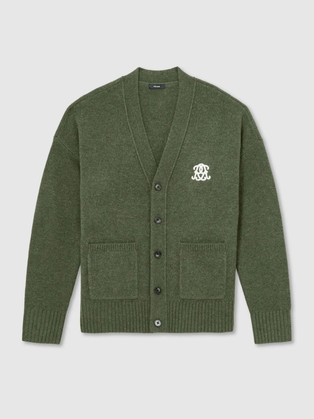 Reiss Dark Green Monogram Embroidered Relaxed Wool Cardigan, view 2