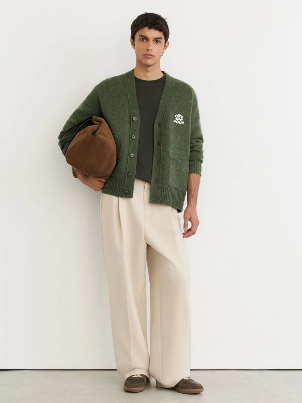 Reiss Dark Green Monogram Embroidered Relaxed Wool Cardigan, view 3