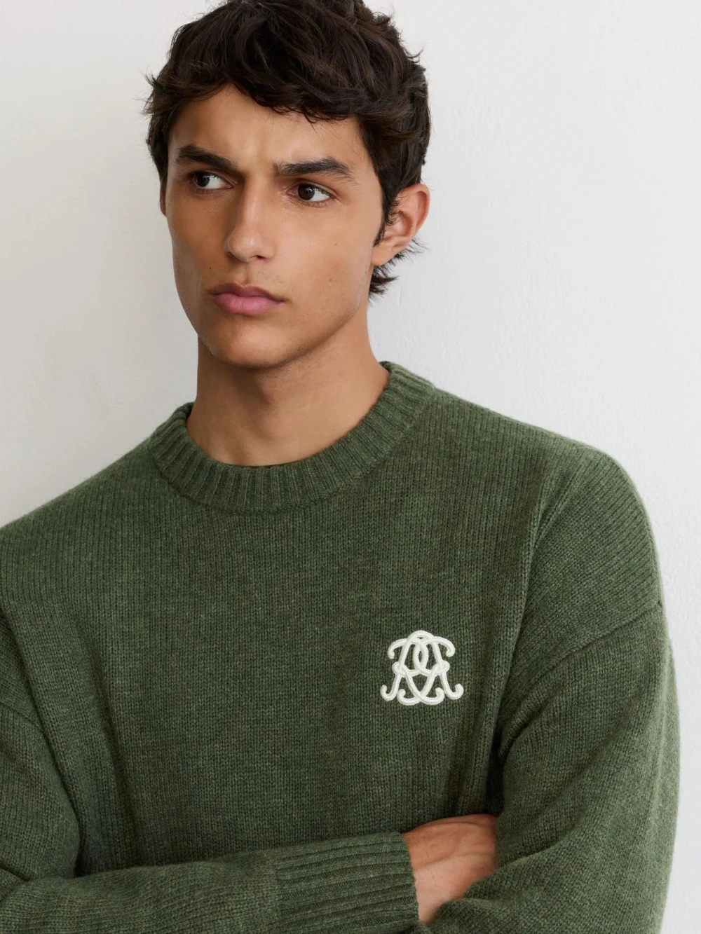Reiss Dark Green Monogram Embroidered Relaxed Wool Jumper