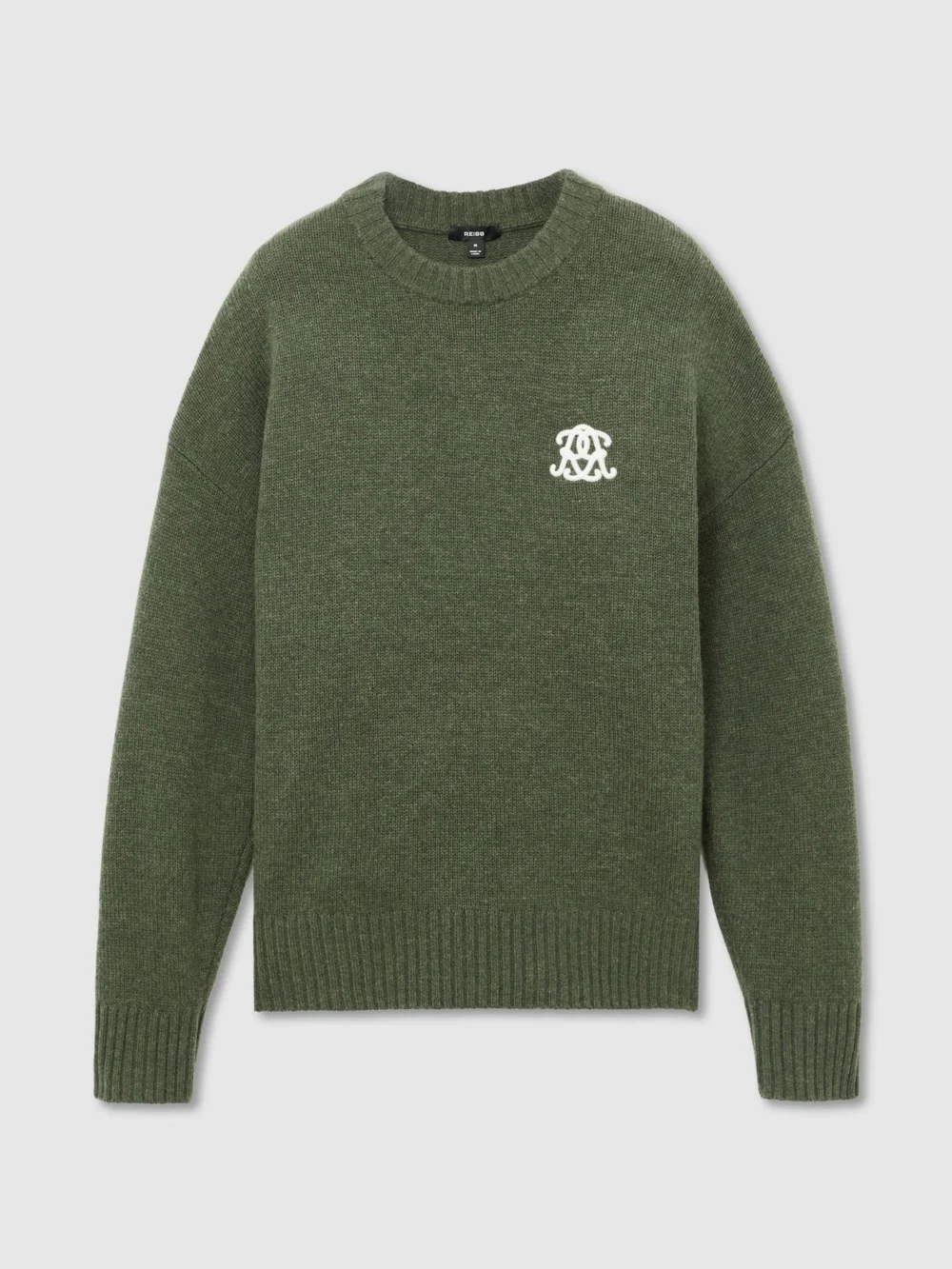 Reiss Dark Green Monogram Embroidered Relaxed Wool Jumper, view 2