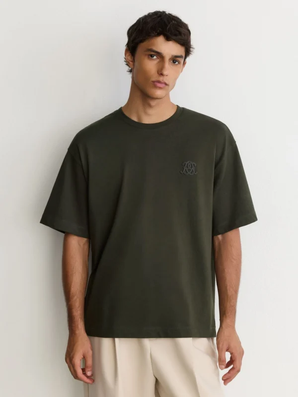 Reiss Dark Green Monogram Motif Cotton Relaxed-fit T-shirt