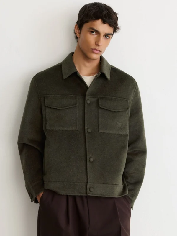 Reiss Dark Green Monogram Wool-blend Press-stud Overshirt