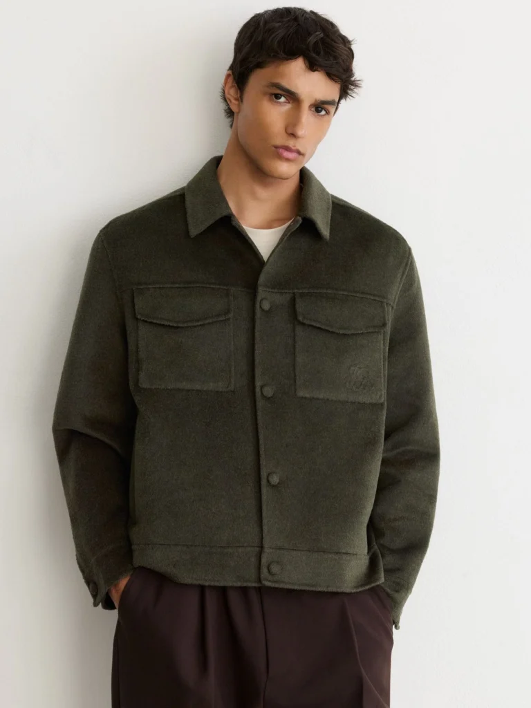 Reiss Dark Green Monogram Wool-blend Press-stud Overshirt