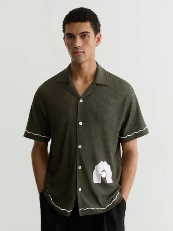 Reiss Dark Green Textured Motif-print Cuban-collar Shirt