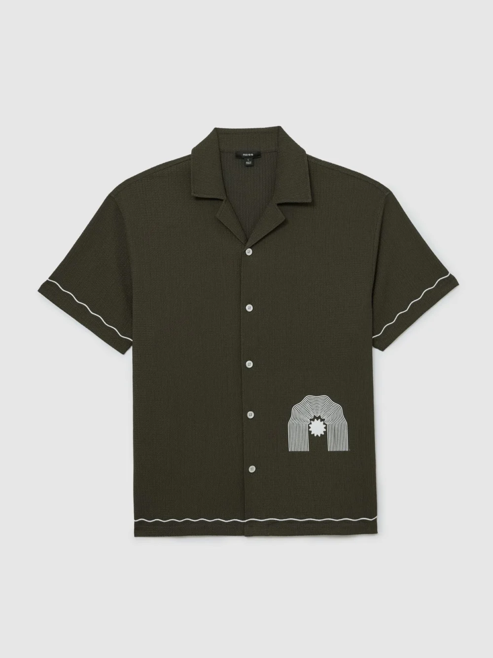 Reiss Dark Green Textured Motif-print Cuban-collar Shirt, view 2