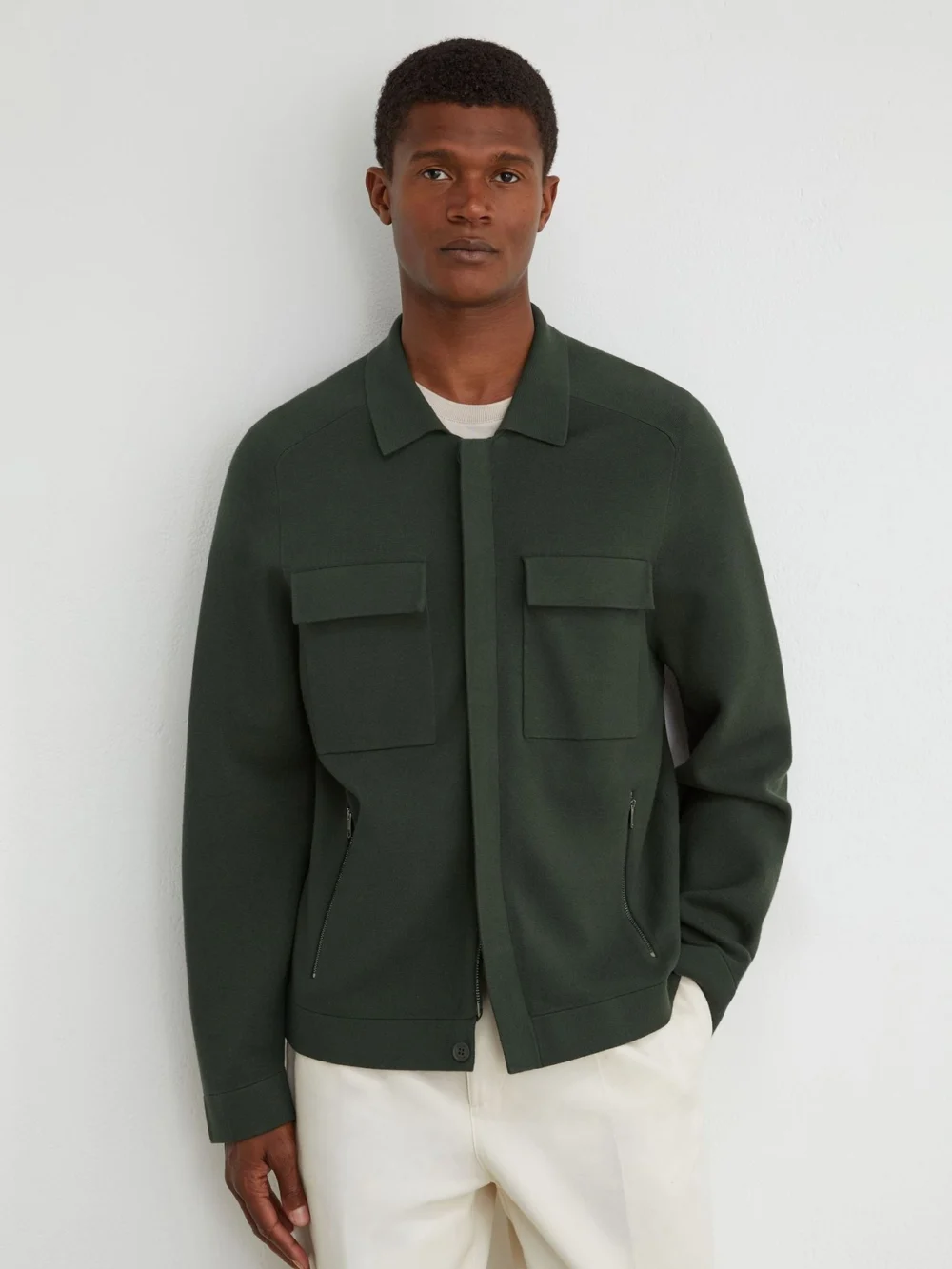Reiss Dark Green Twin-pocket Concealed-placket Knitted Jacket