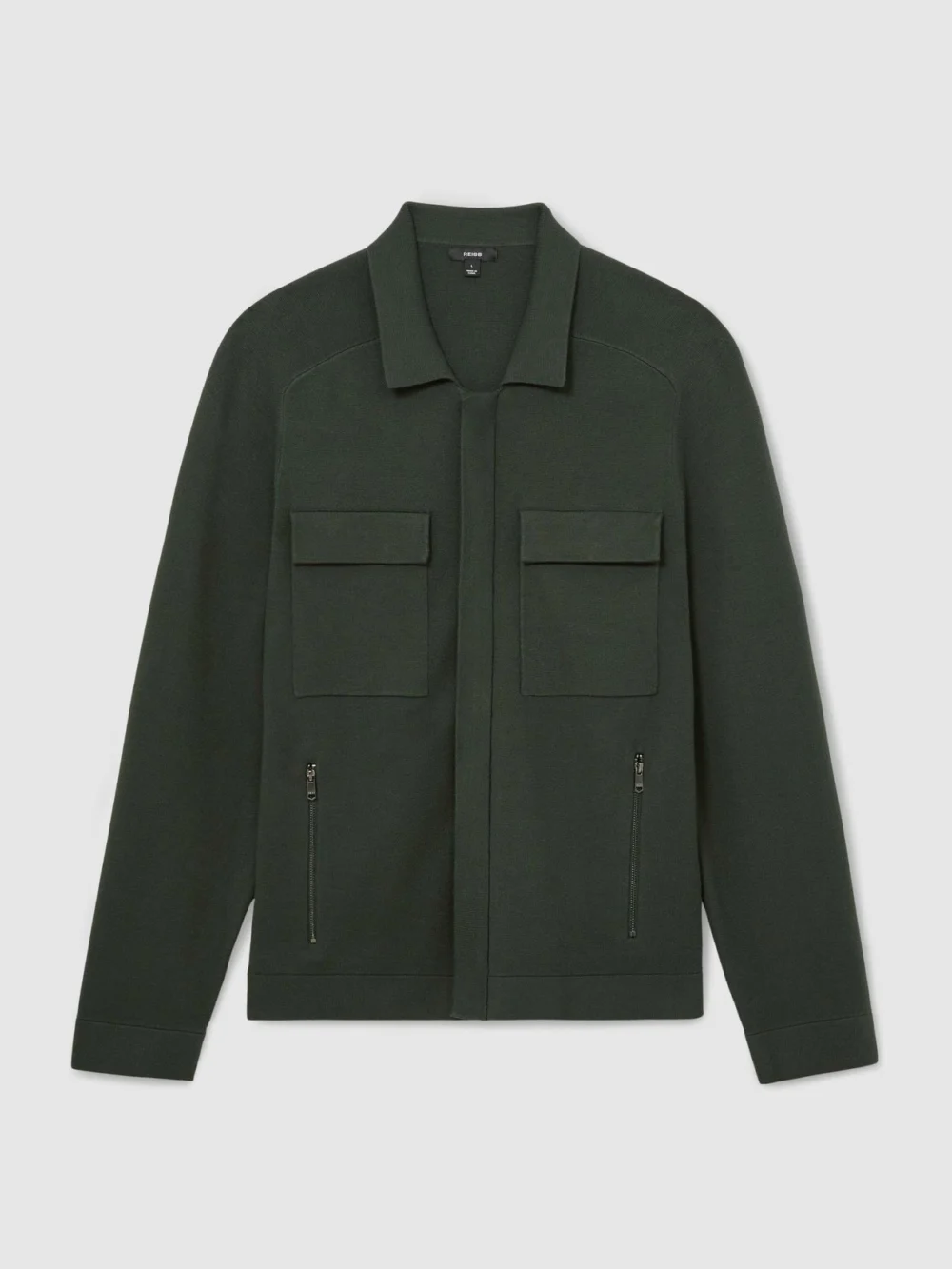 Reiss Dark Green Twin-pocket Concealed-placket Knitted Jacket, view 2